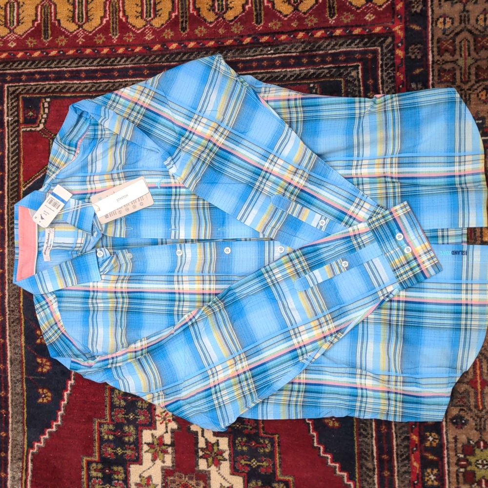 NWT Tommy Bahama Island Zone plaid button-down in Beach Hut Blue, men's XL